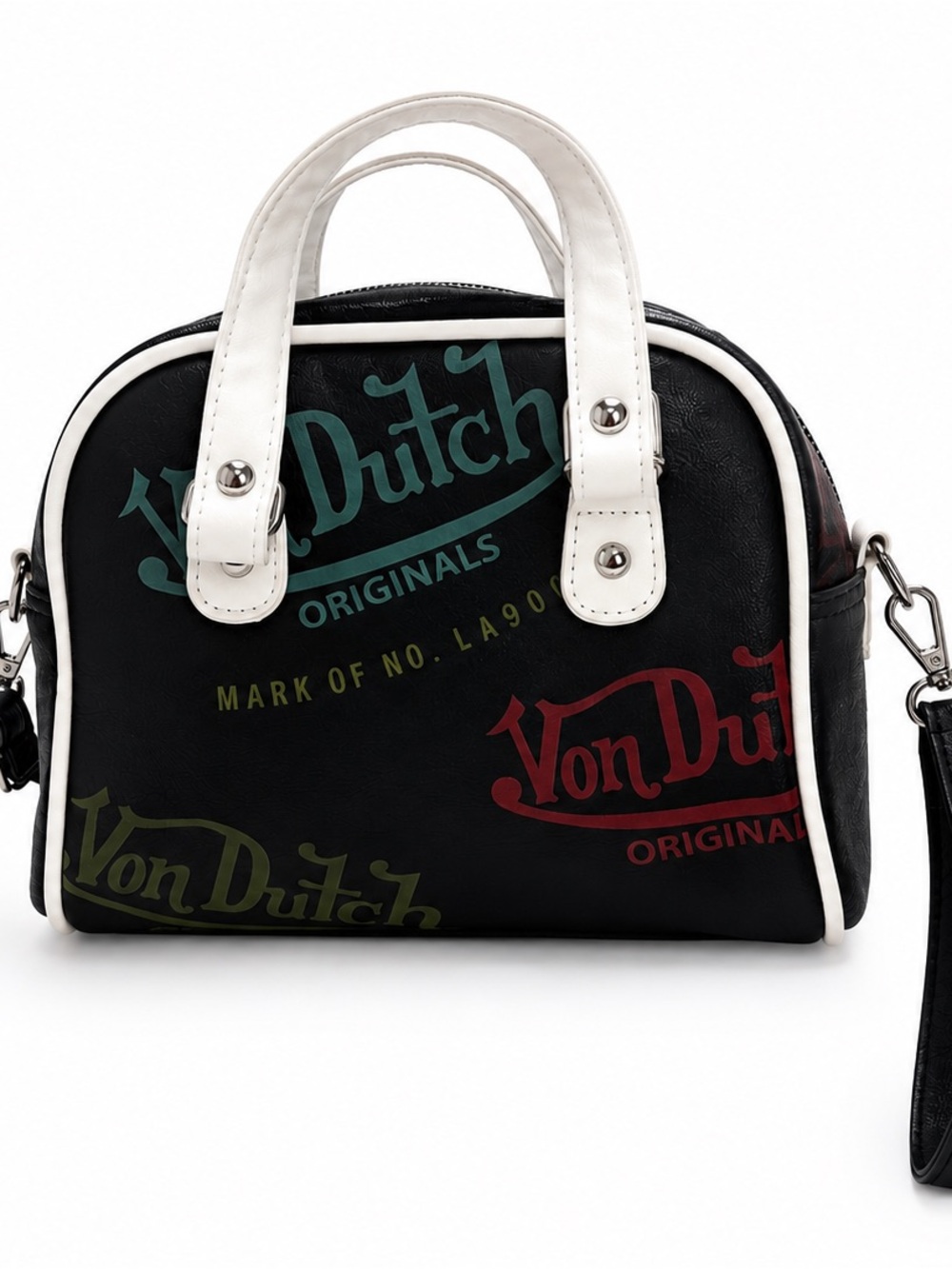 Von Dutch Black mini bowling bag purse with White Trim and graffiti Logos - Picture 2 of 4